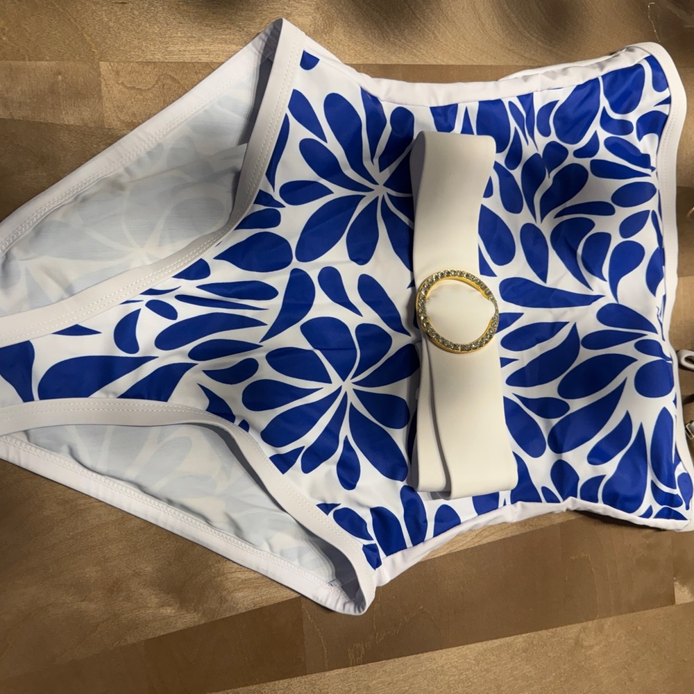 Blue and White Floral Swimsuit with Gold Accent